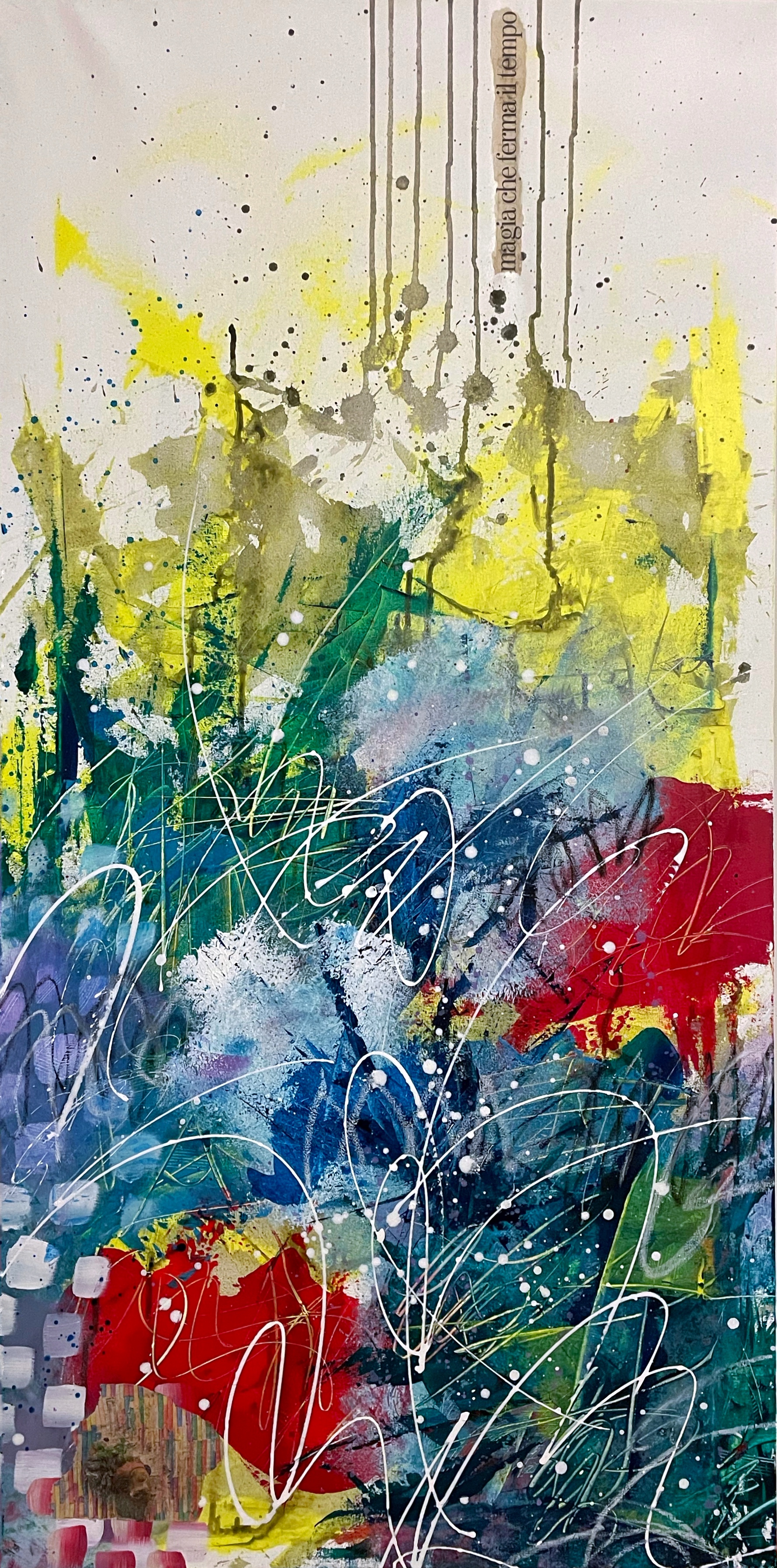 Tumulti - Dipinto acrilico su tela 50x100cm, esprime la libertà creativa dell'artista-bambina con colori esplosivi e gesti spontanei