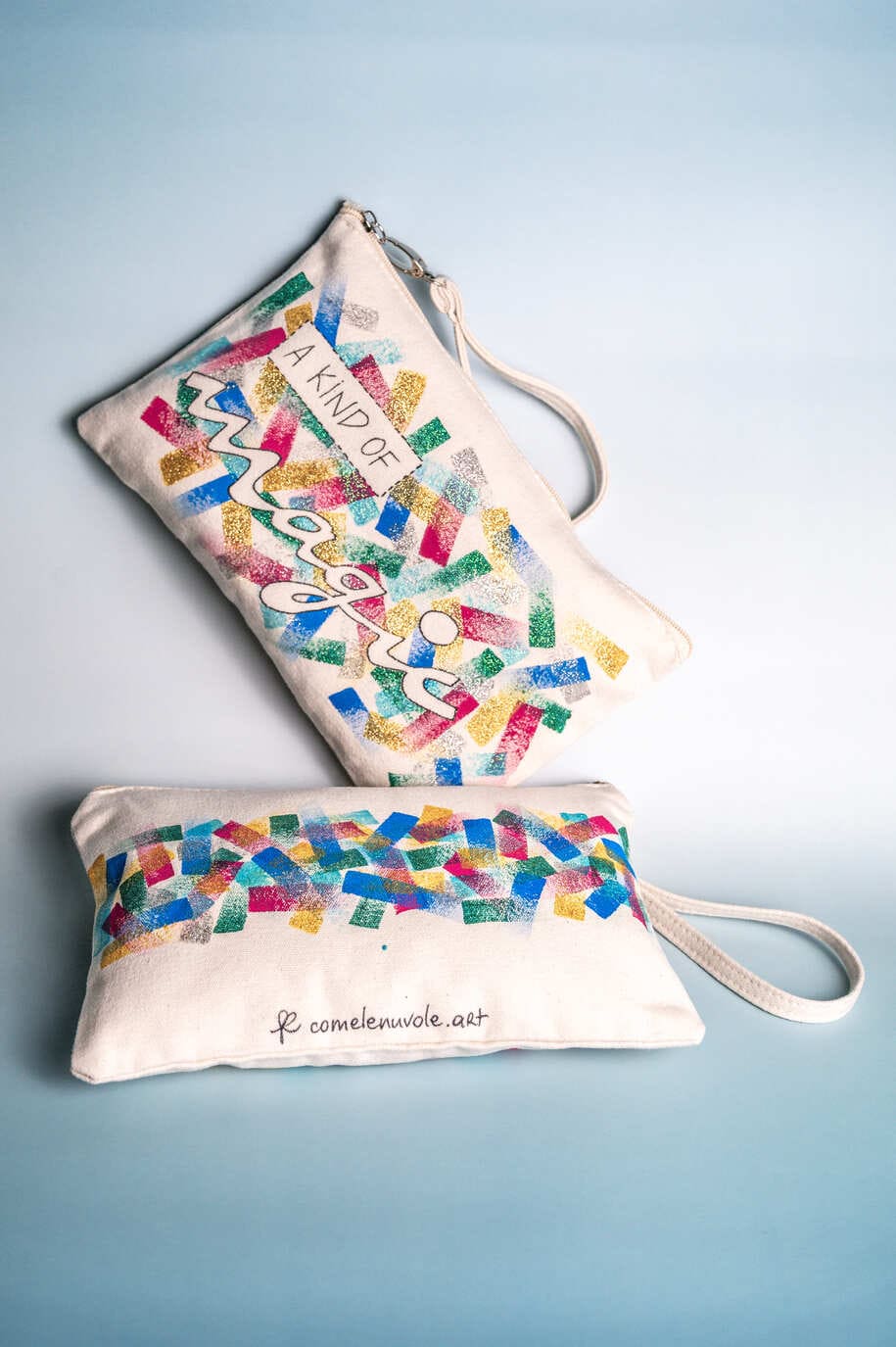 Hand-painted pochette with vibrant colors and unique motifs